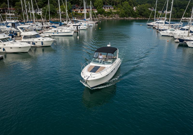 Boat using thrusters to dock in a tight marina space